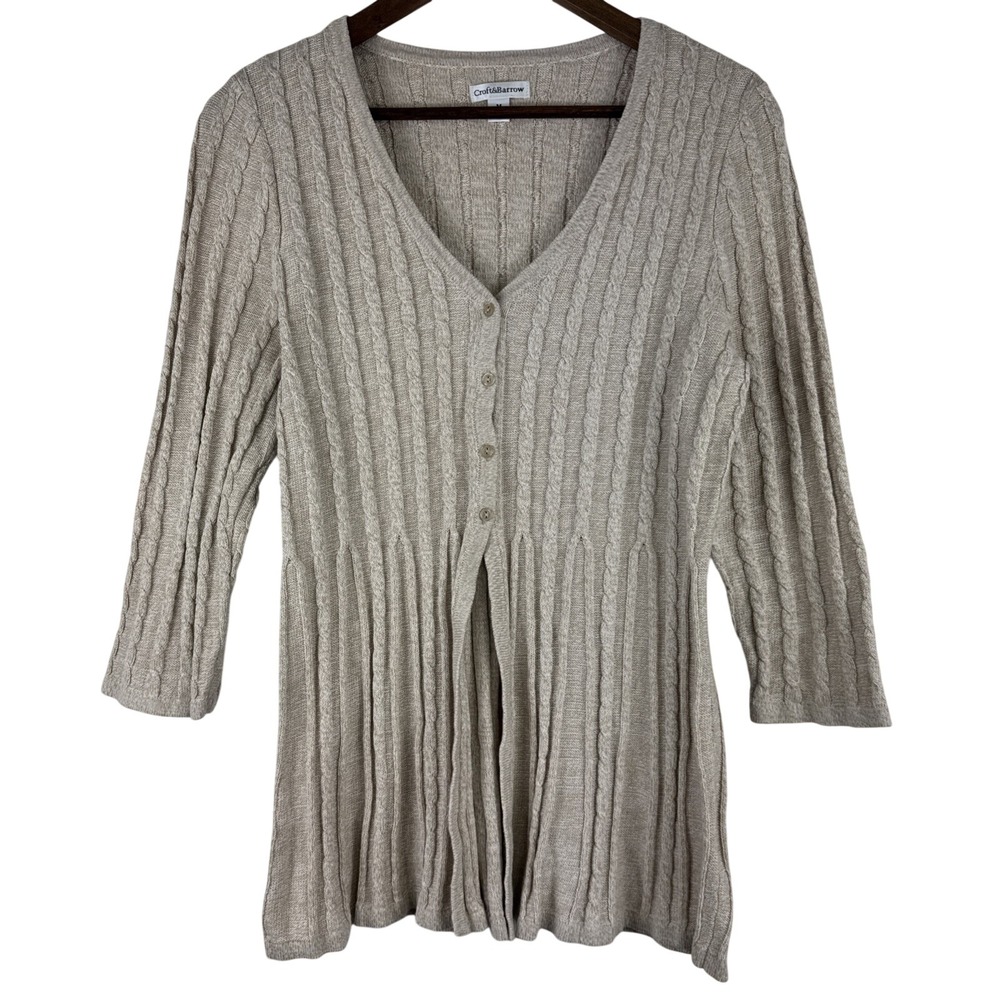 Croft & Barrow Sweater Cardigan Top Women Medium Tan Coquette Button Cable Knit